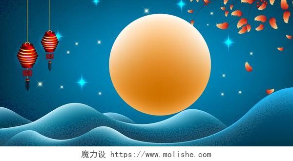 蓝色夜晚玉兔月饼月亮卡通手绘矢量中国传统节日中秋佳节展板背景